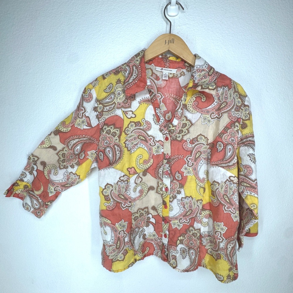 Vintage Linen Paisley Button Blouse 3/4 Sleeve Coral Yellow 14 Boho Western Work